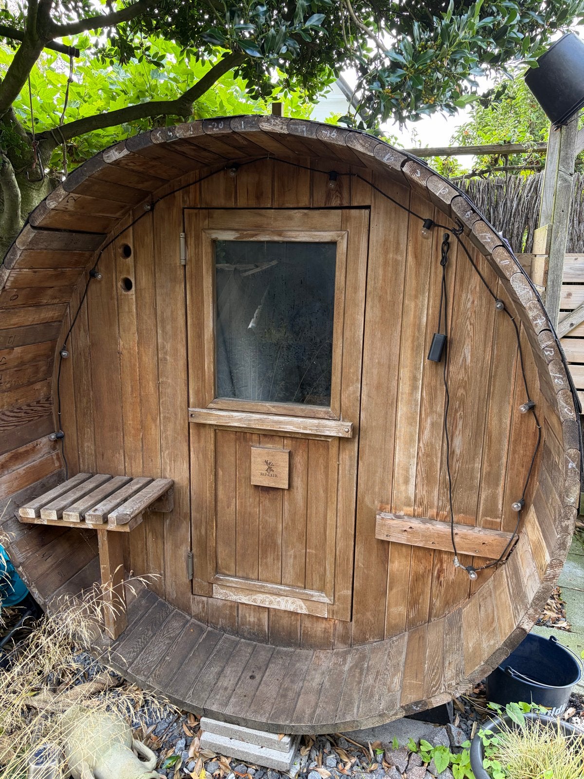 Houten barrel sauna - Complete Buitensauna met Kachel, Sport en Fitness, Sauna, Ophalen of Verzenden, Gebruikt, Fins of Traditioneel