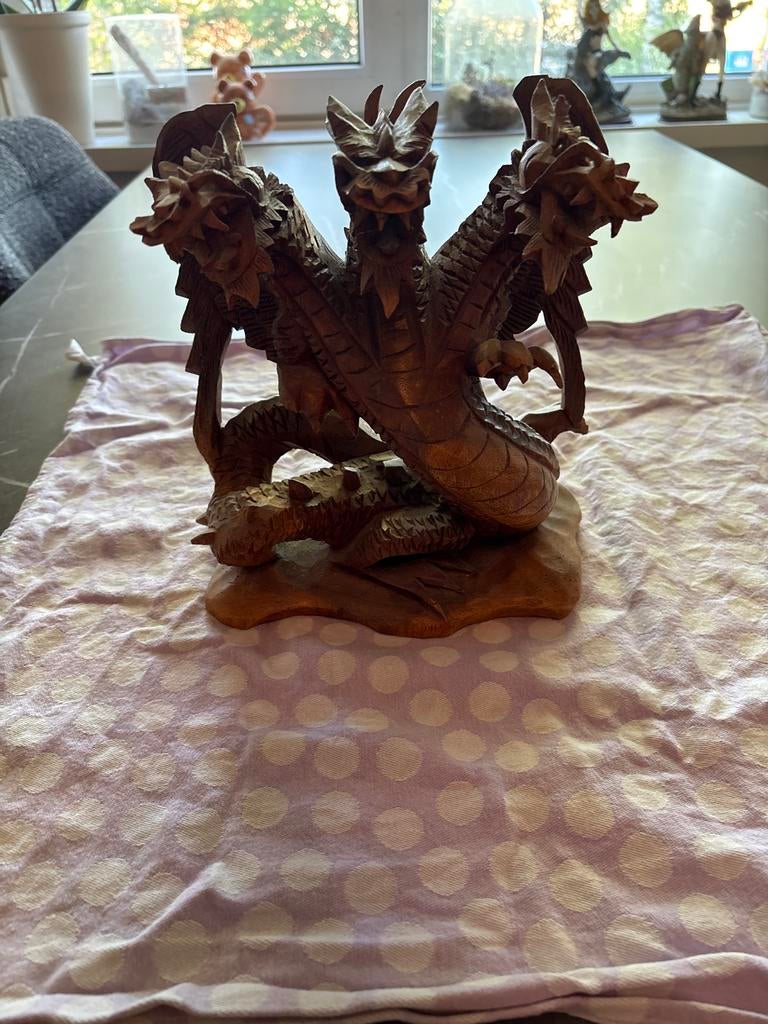 Houten Draak Sculptuur met Drie Koppen - Handgesneden, Antiek en Kunst, Kunst | Beelden en Houtsnijwerken, Ophalen, Overige onderwerpen