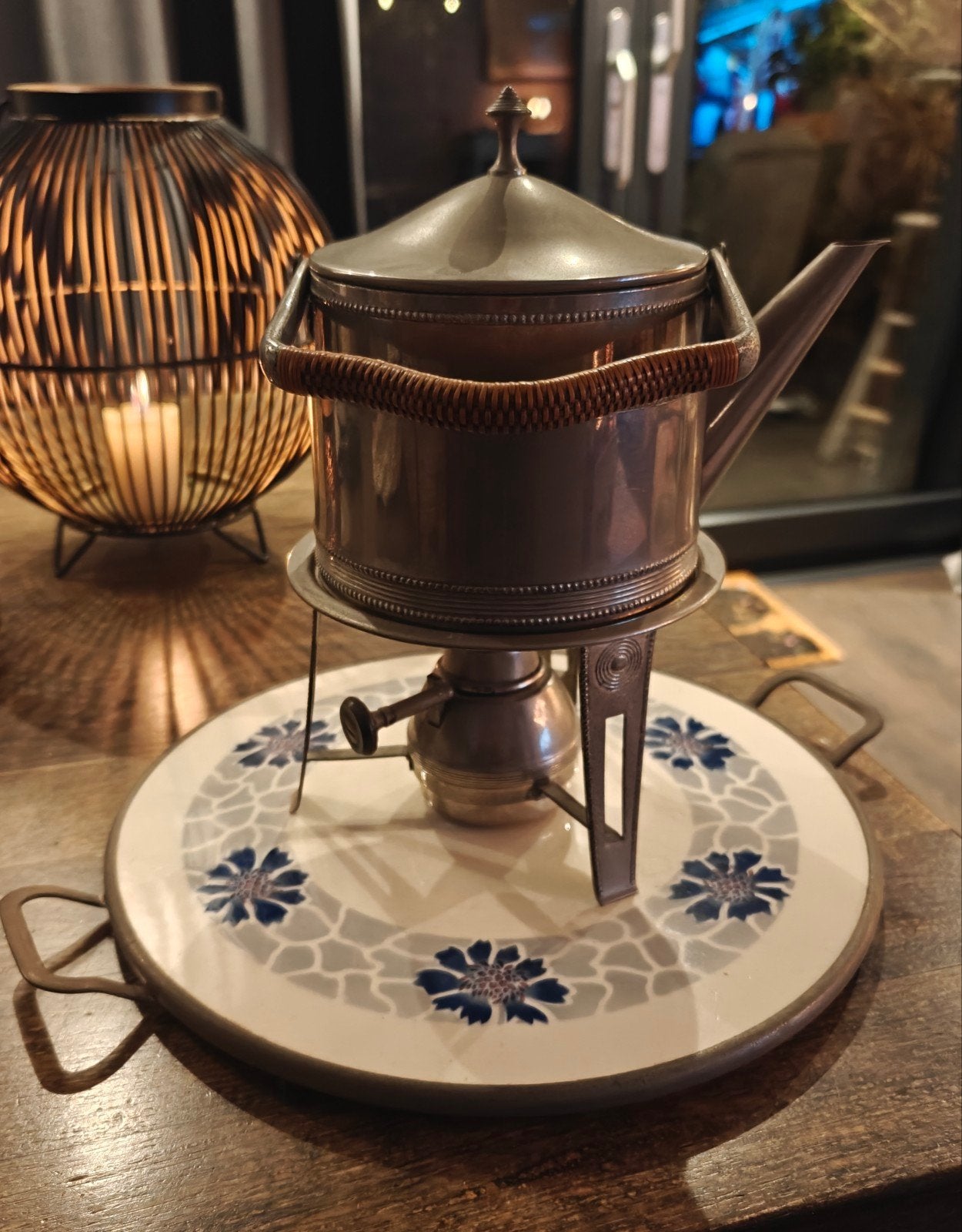 vintage theepot met rechaud en dienblad, Ophalen of Verzenden