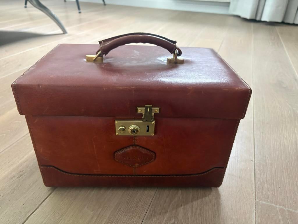 Vintage Picard Leren Beautycase/Toilettas met Slot, Gebruikt, Bruin, Ophalen of Verzenden, Met slot