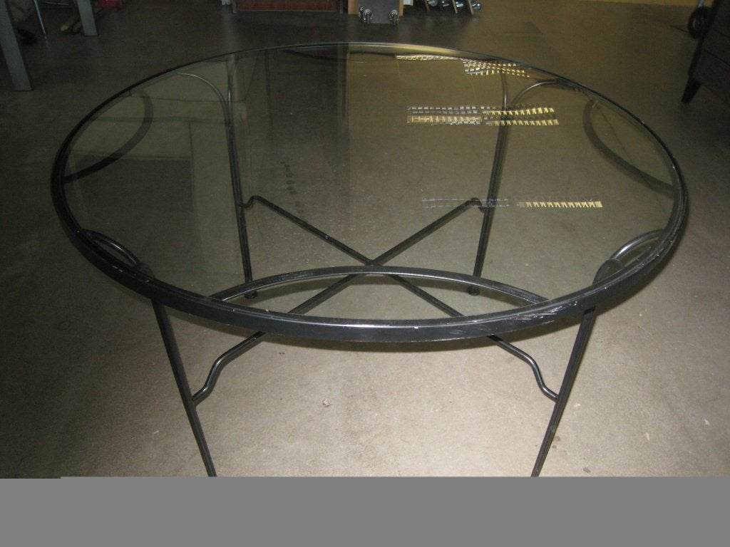 Glazen ronde tuintafel met metalen frame, Niet ingevuld, Gebruikt, Niet ingevuld, Niet ingevuld