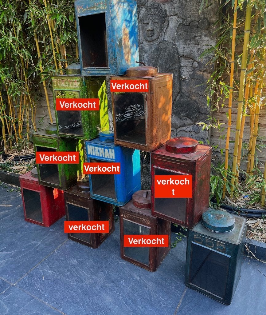 Industriele kroepoek blik lantaarn windlicht india brocante, Meerkleurig, Nieuw, Ophalen of Verzenden, https://verburgtvintage.nl/#contact