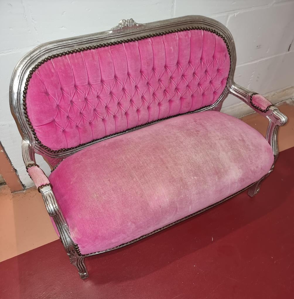 Barok Kinderbank – Roze Fluweel met Zilver Prinsessenstijl, Kinderen en Baby's, Kinderkamer | Tafels en Stoelen, Gebruikt, Stoel(en)