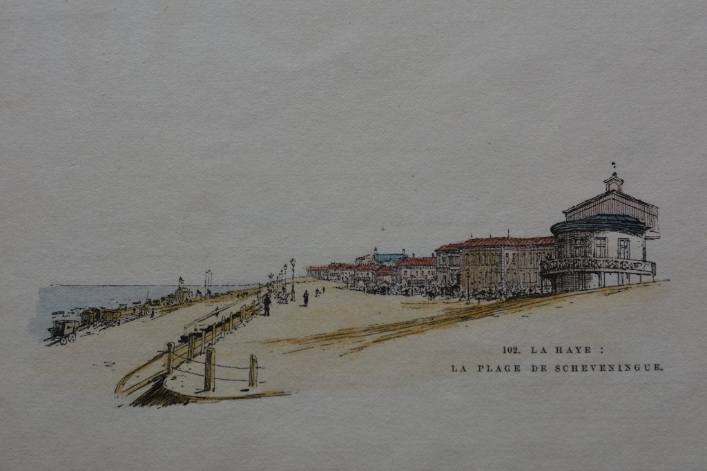 SCHEVENINGEN STRAND DEN HAAG Houtgravure 1881 Gekleurd G56, Antiek en Kunst, 1800 - 1899, Verzenden, Stadsgezicht, Handgekleurd
