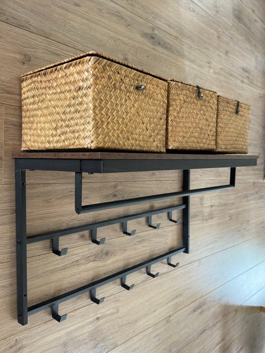 Wandkapstok met plank, reling en 10 haken + 3 mandjes, Huis en Inrichting, Woonaccessoires | Kapstokken, Wandkapstok, Ophalen of Verzenden