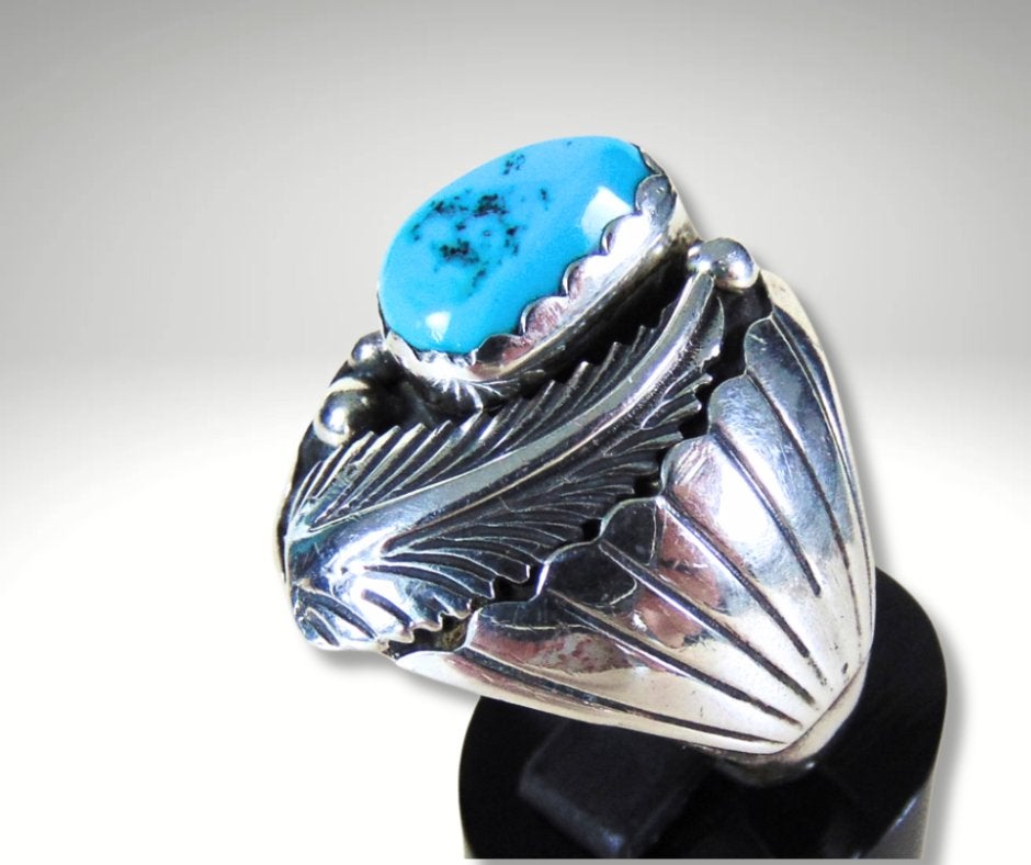 Grote NAVAJO zilver turquoise prayer fan ring M22/22,5!, 20 of groter, Verzenden, Heer, Zo goed als nieuw