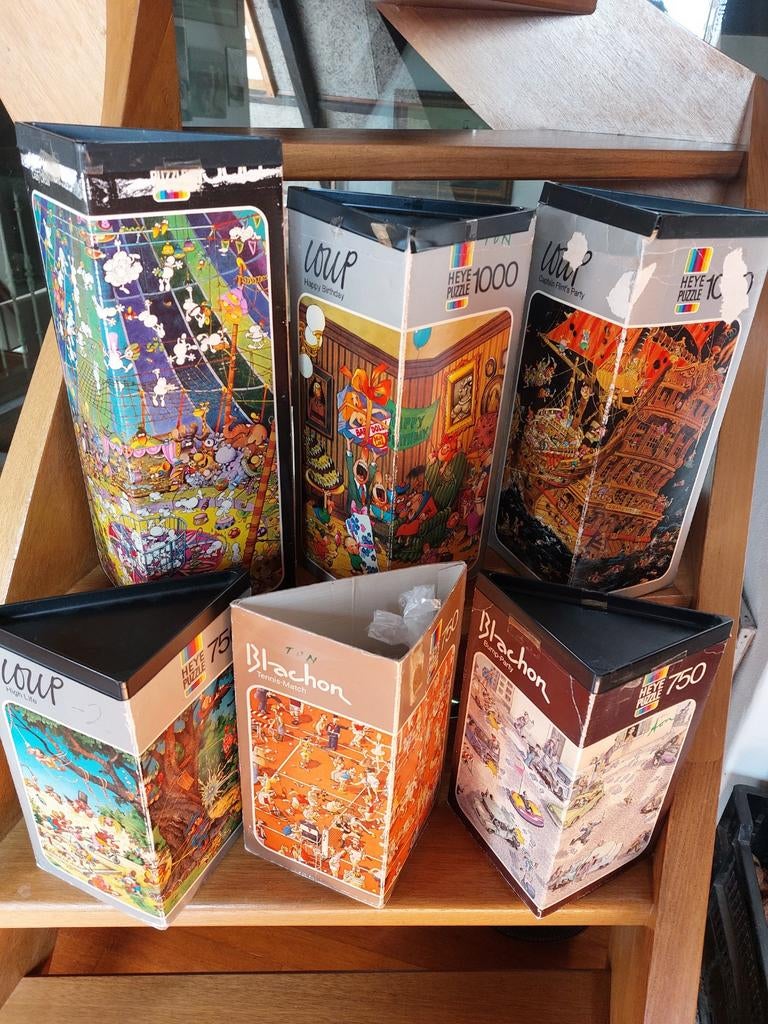 Zes Heye en mordillo  puzzels in driehoekige dozen, Ophalen of Verzenden, 500 t/m 1500 stukjes, Gebruikt