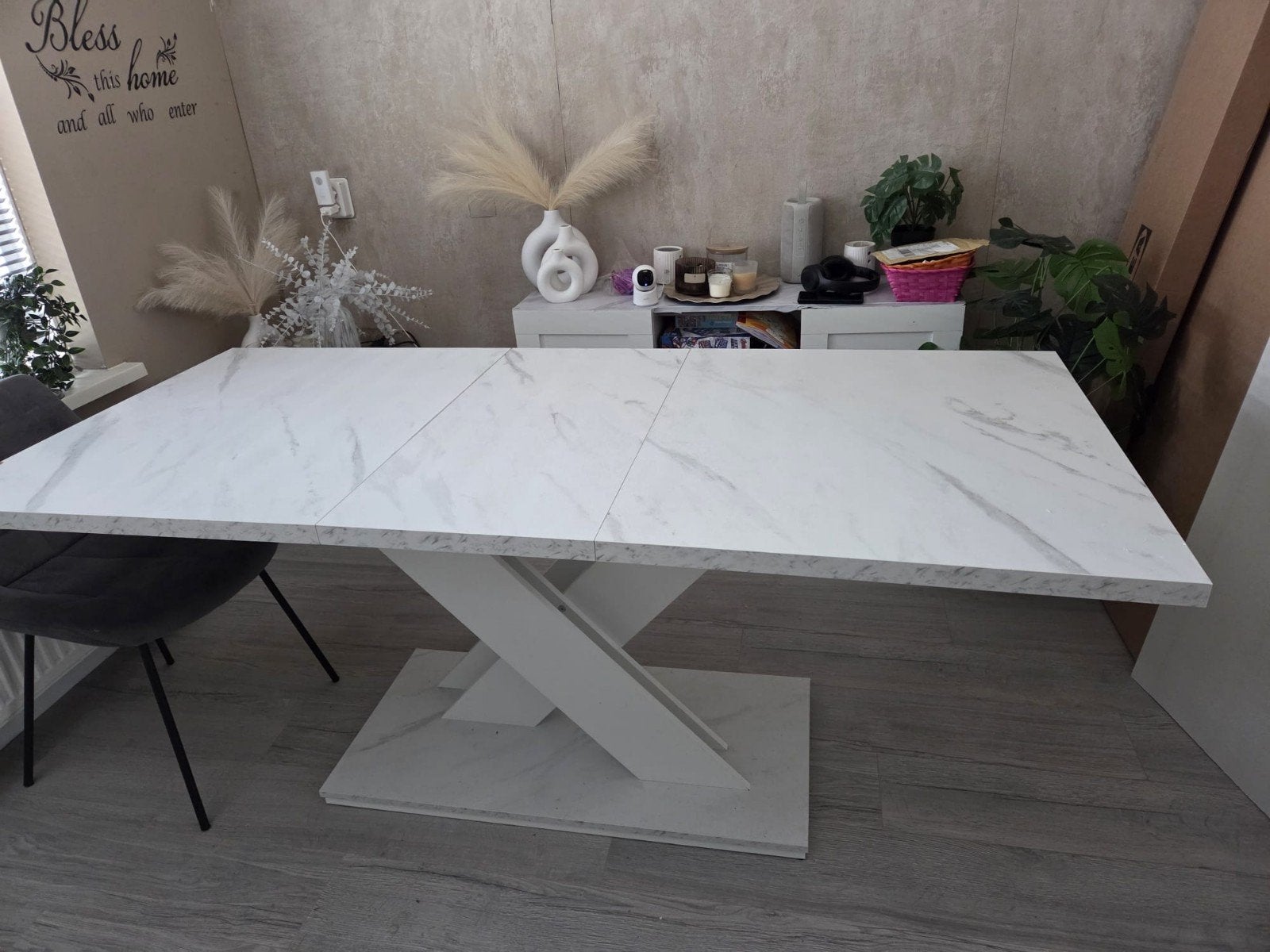 Uitschuifbare eettafel met marmerlook, Huis en Inrichting, Tafels | Eettafels, Overige materialen, Gebruikt, 200 cm of meer, Vier personen