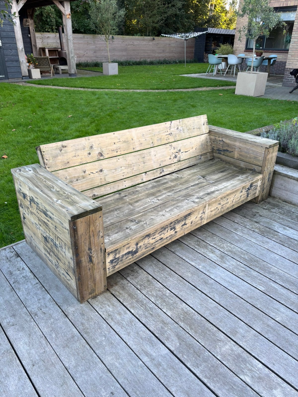 Robuuste houten tuinbank met kussens, Ophalen, Gebruikt, Hout