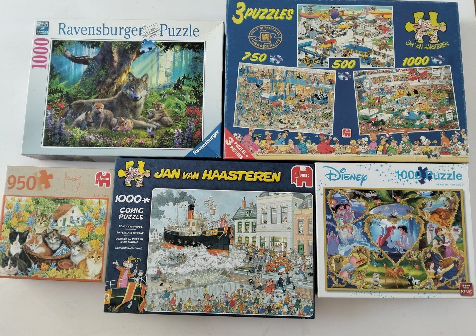 5 puzzels onder andere van Jan van den Haasteren, Ophalen, 500 t/m 1500 stukjes, Zo goed als nieuw