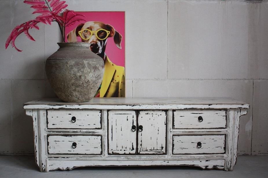 Stoere Vintage Wit Oud Houten Dressoir Unieke Chinese Kast, Ophalen of Verzenden, Nieuw