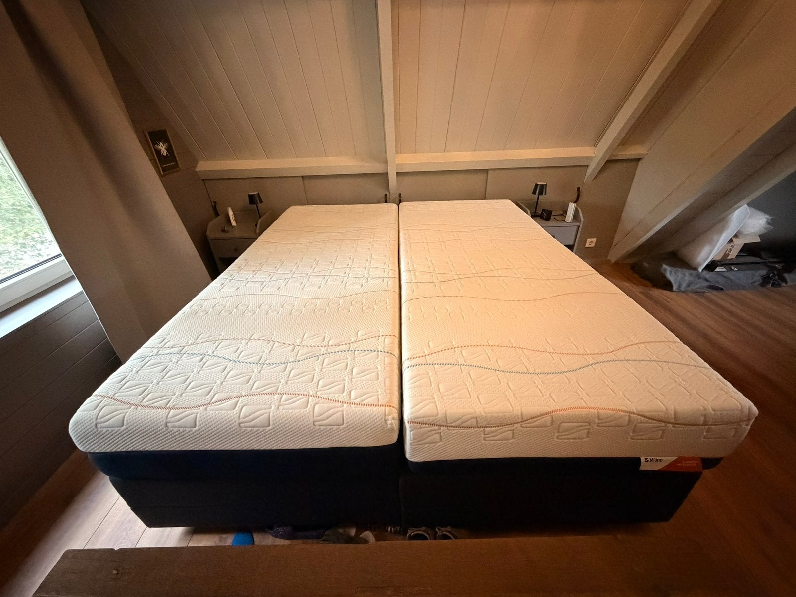Verstelbare boxspring met 2 ZGAN M-line matrassen 180x210, Ophalen, Gebruikt, Tweepersoons, 180 cm