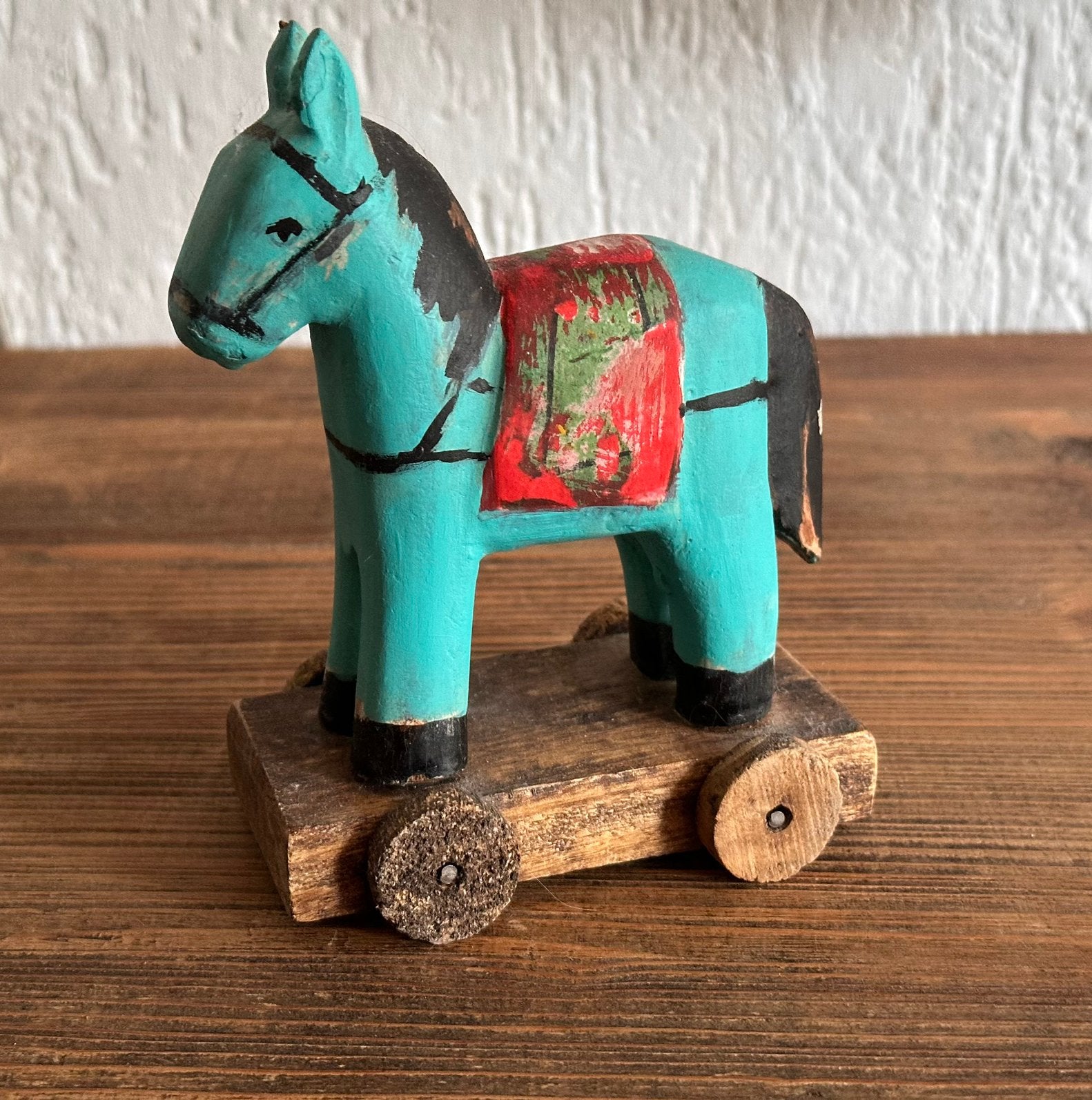 Houten paard retro look turquoise, Gebruikt, Blauw, Ophalen of Verzenden, Vintage