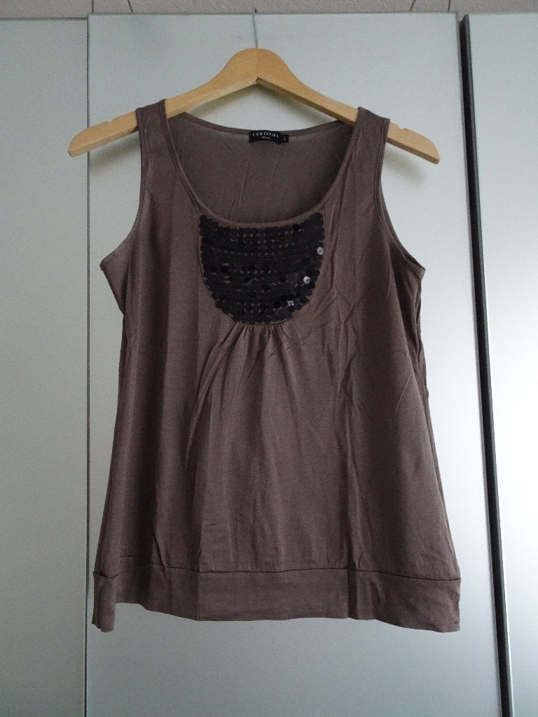 Cortefiel Top Maat L Donker Taupe Mouwloos Steentjes zgan, Maat 42/44 (L), Ophalen of Verzenden, Zo goed als nieuw, Zonder mouw