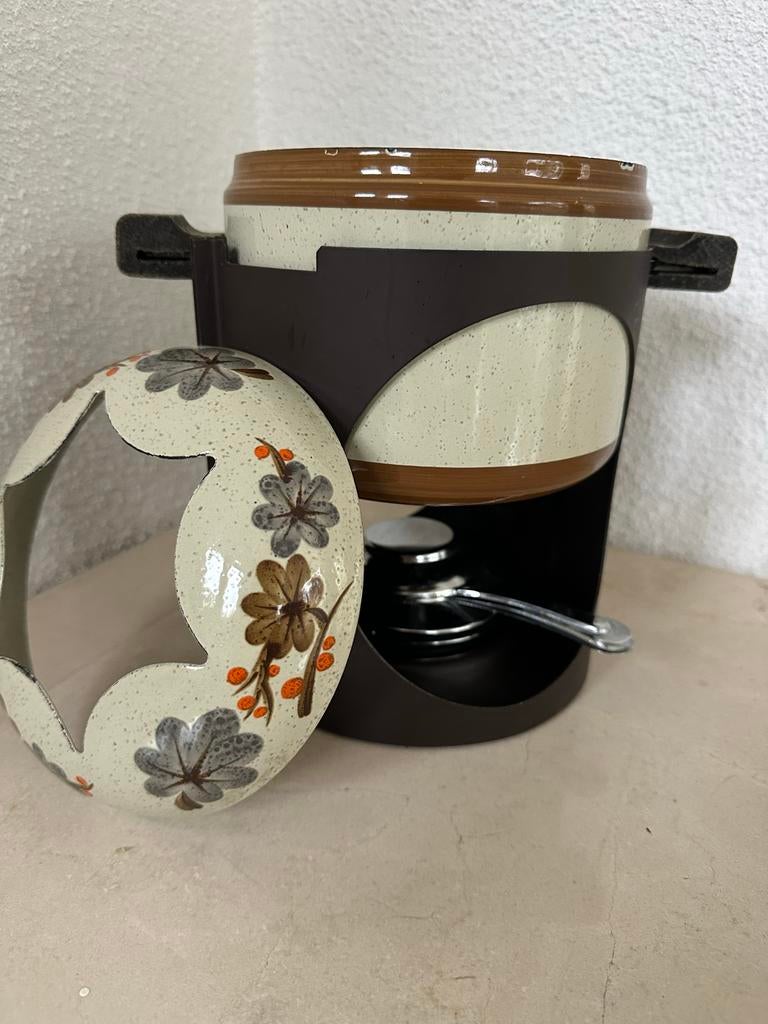 Vintage Fonduepan met Bloemenpatroon - Keramiek, Ophalen of Verzenden, Gebruikt, Brander, Fondueset