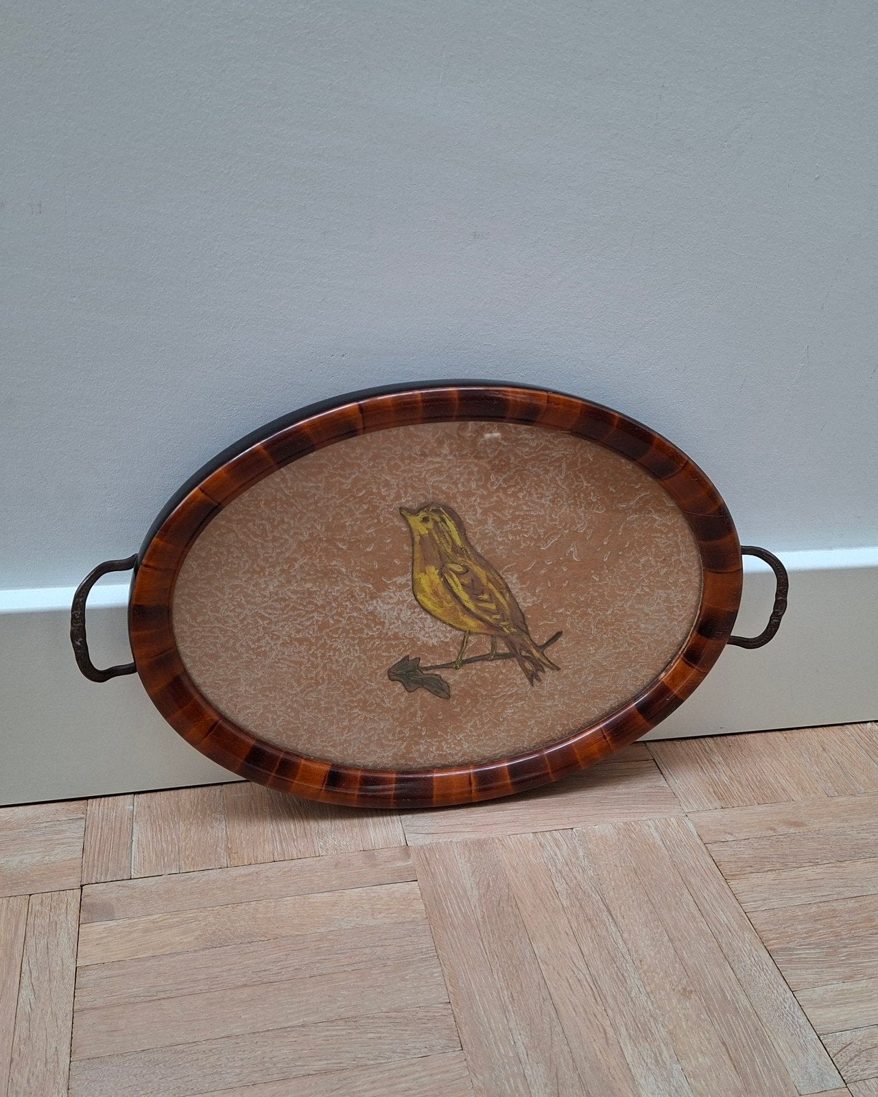 Vintage ovaal dienblad met vogeldecoratie, Ophalen of Verzenden