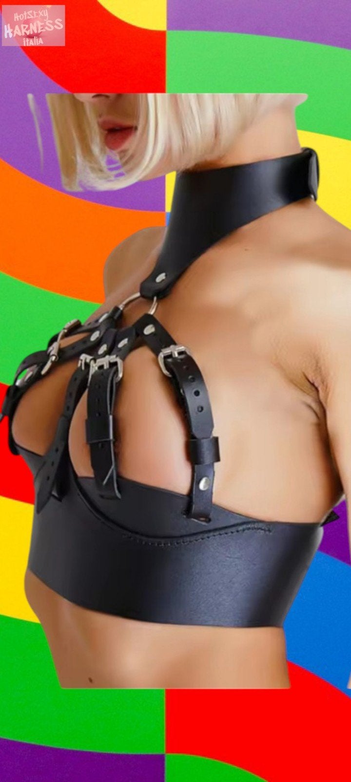 Zwart leren harnas met gespen en choker bdsm bondage sexy, Onbekend, Ophalen of Verzenden, Zwart, Overige typen