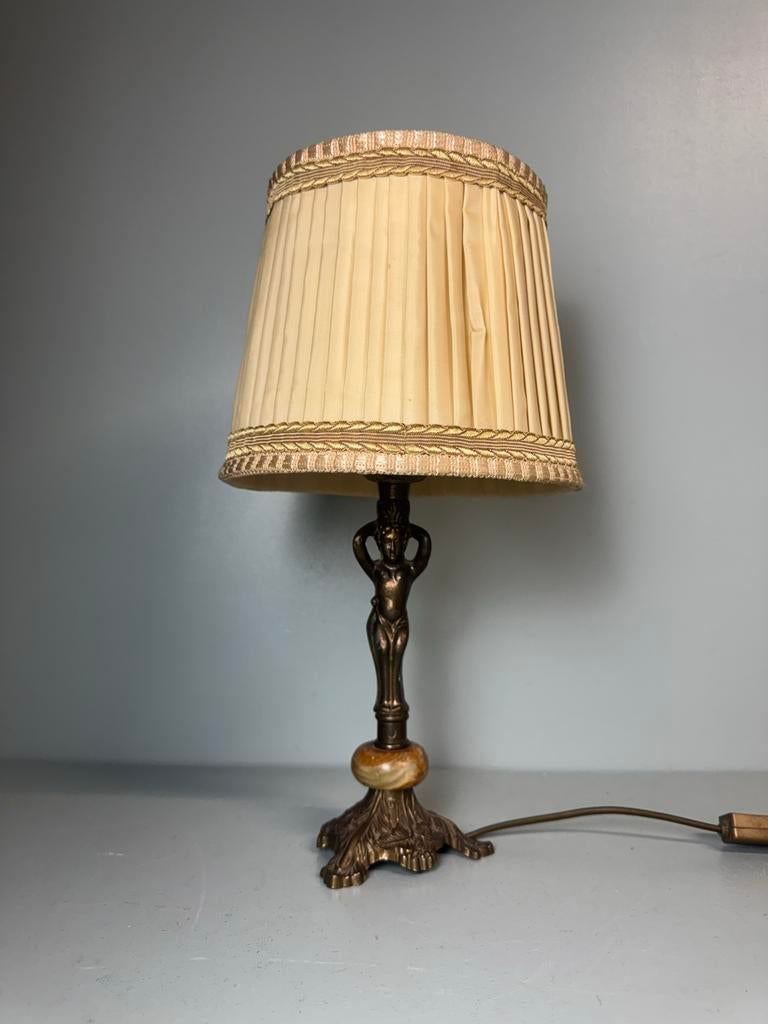 Vintage Tafellamp met Bronzen Voet en Plissé Kap, Ophalen of Verzenden