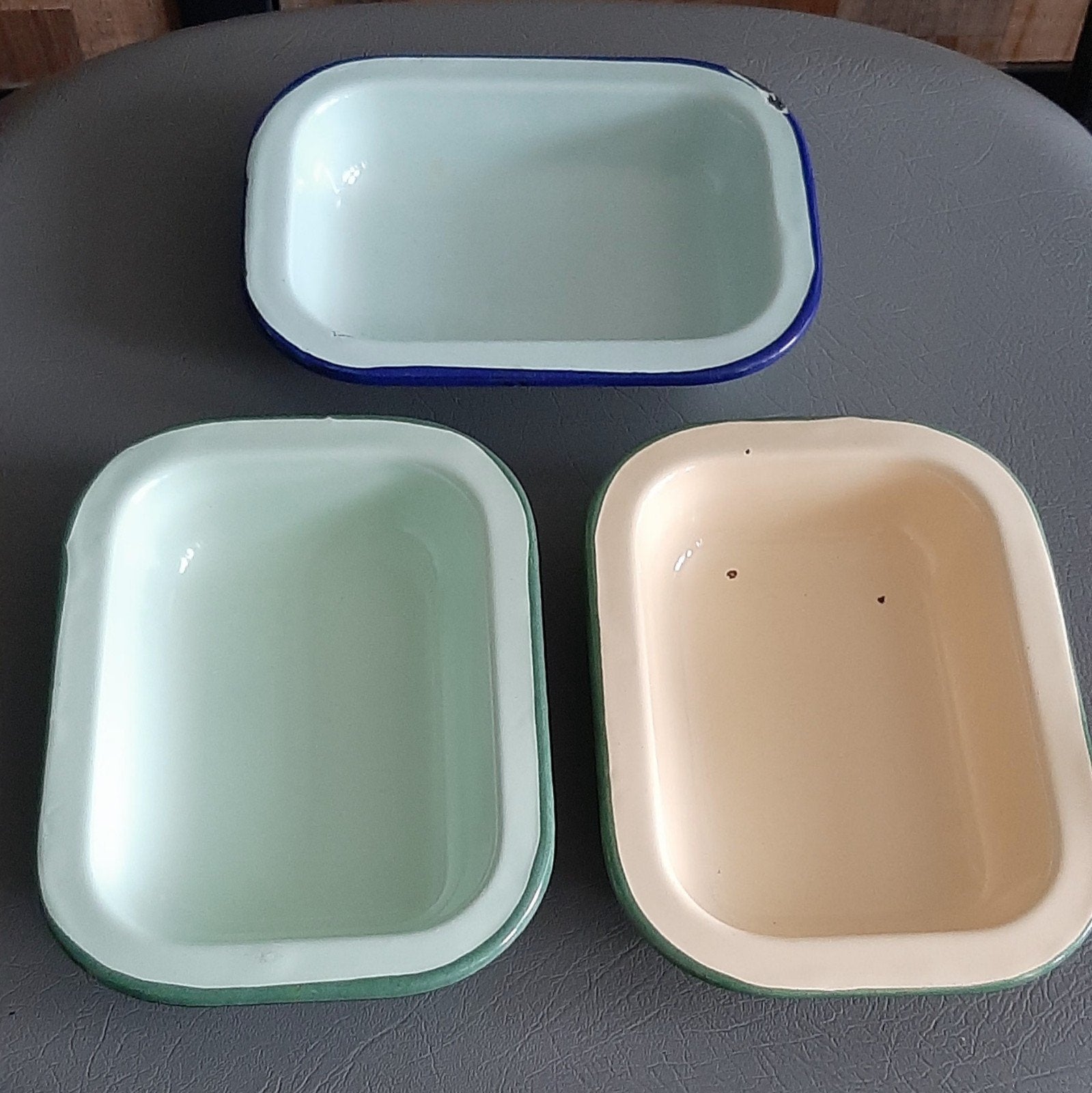 3 retro emaille schaaltjes, Overige typen, Ophalen, Gebruikt, Overige materialen