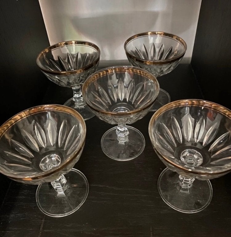 Set van 5 vintage coupe glazen met gouden rand, Ophalen of Verzenden
