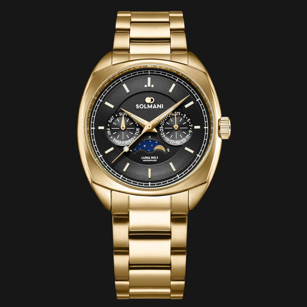 Solmani Luna No.1 Moonphase 38 MM Gouden Horloge, Polshorloge, Nieuw, Goud, Ophalen