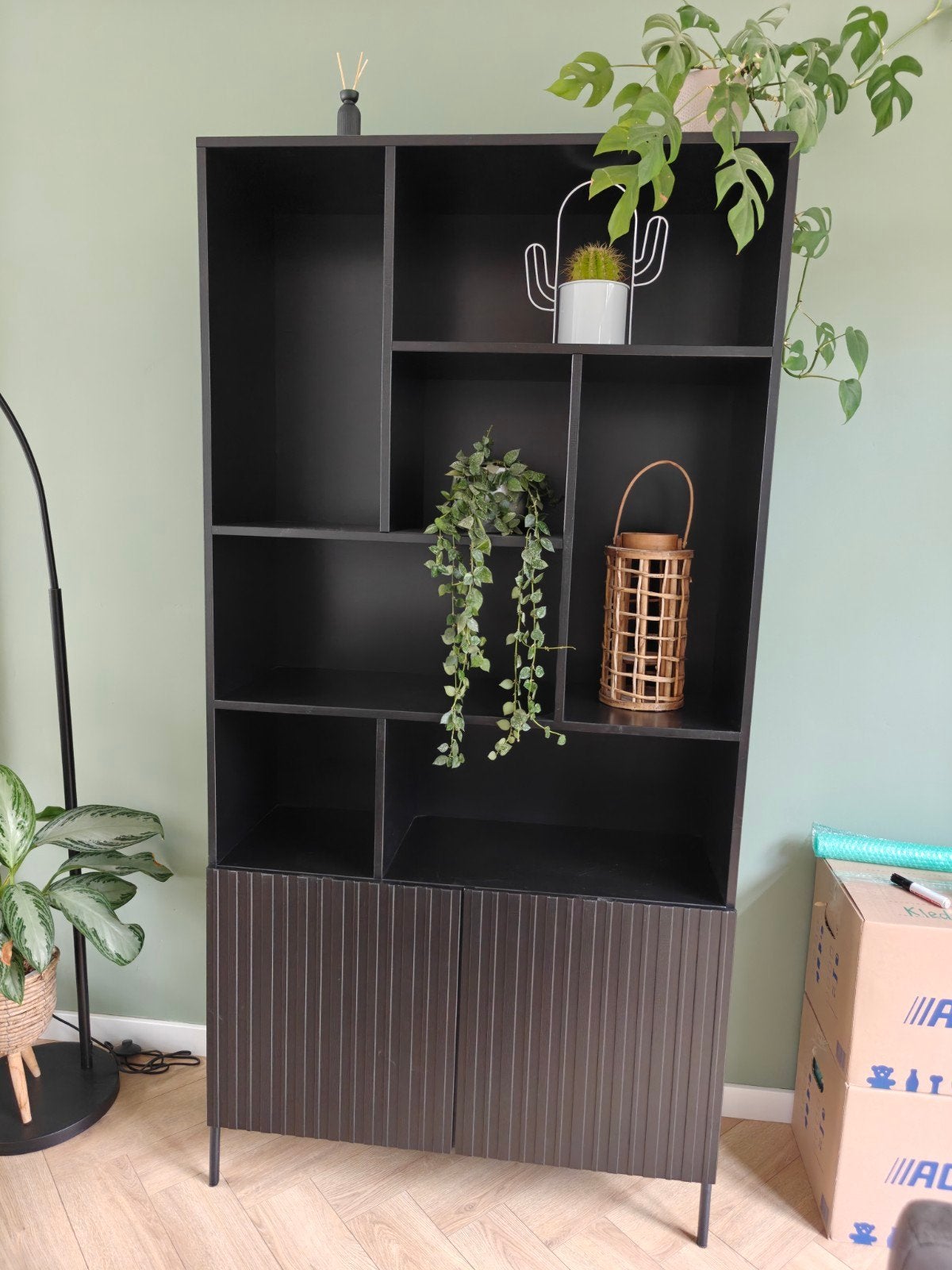 Zwart tv meubel en wandkast Woood Gravure, Huis en Inrichting, Kasten | Wandmeubels, Ophalen, Met deur(en), Zo goed als nieuw