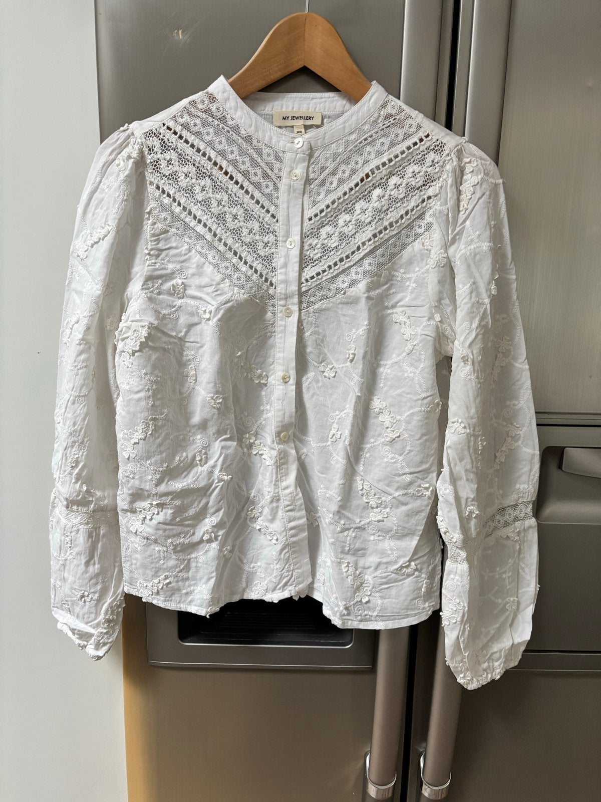 MY JEWELLERY roomwitte blouse met Kant en Borduurwerk, Ophalen of Verzenden, Zo goed als nieuw, Maat 34 (XS) of kleiner, Wit