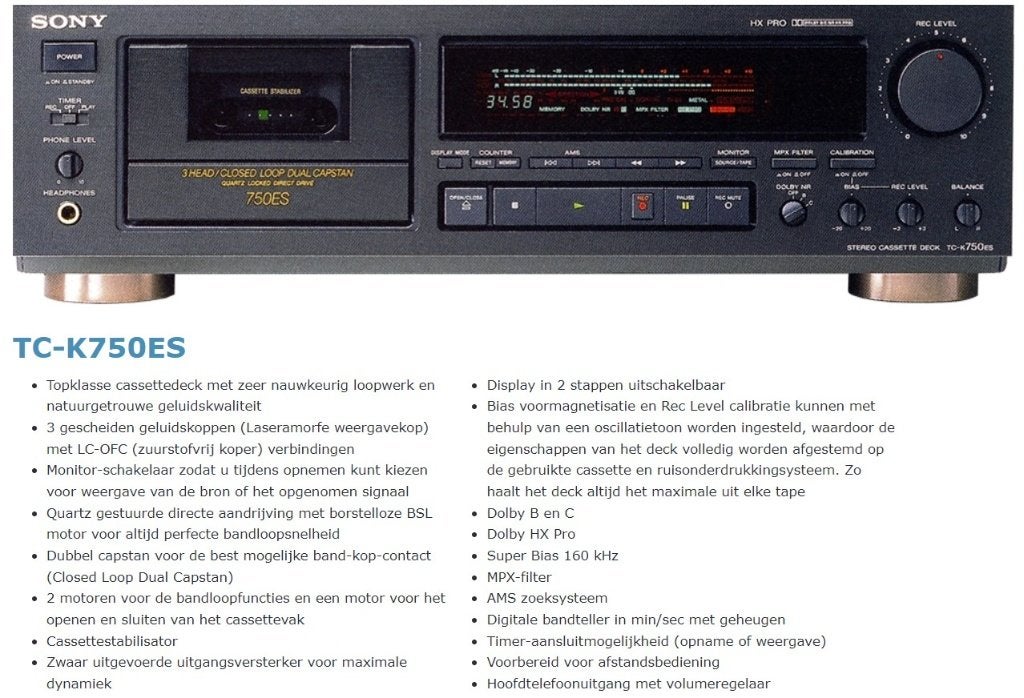 Sony TC-K750ES 3-koppen Cassettedeck, Ophalen of Verzenden, Enkel, Sony, Tiptoetsen