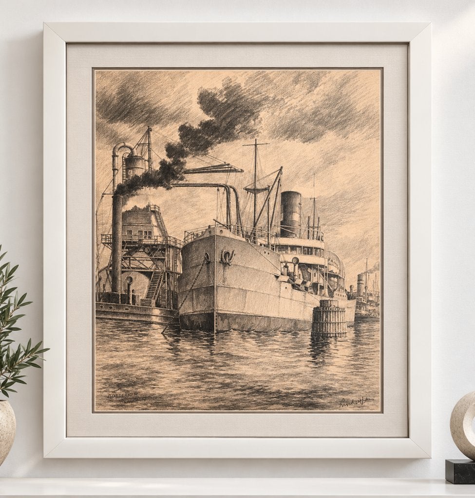 houtskooltekening Jaap Lindeijer – Rotterdam Maashaven  1934, Antiek en Kunst, Gesigneerd, 88 cm, 72 cm, Ophalen of Verzenden
