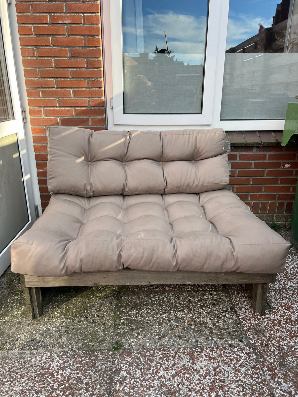 Gratis afhalen Tuinbankje inclusief kussens, Gebruikt, Steigerhout, Loungeset, Bank