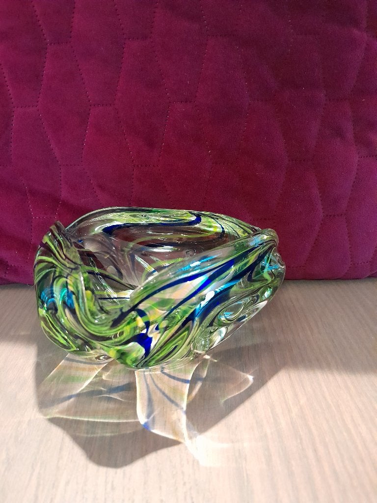 Vintage glazen asbak kom schaal geel groen blauw 60 er jaren, Ophalen of Verzenden