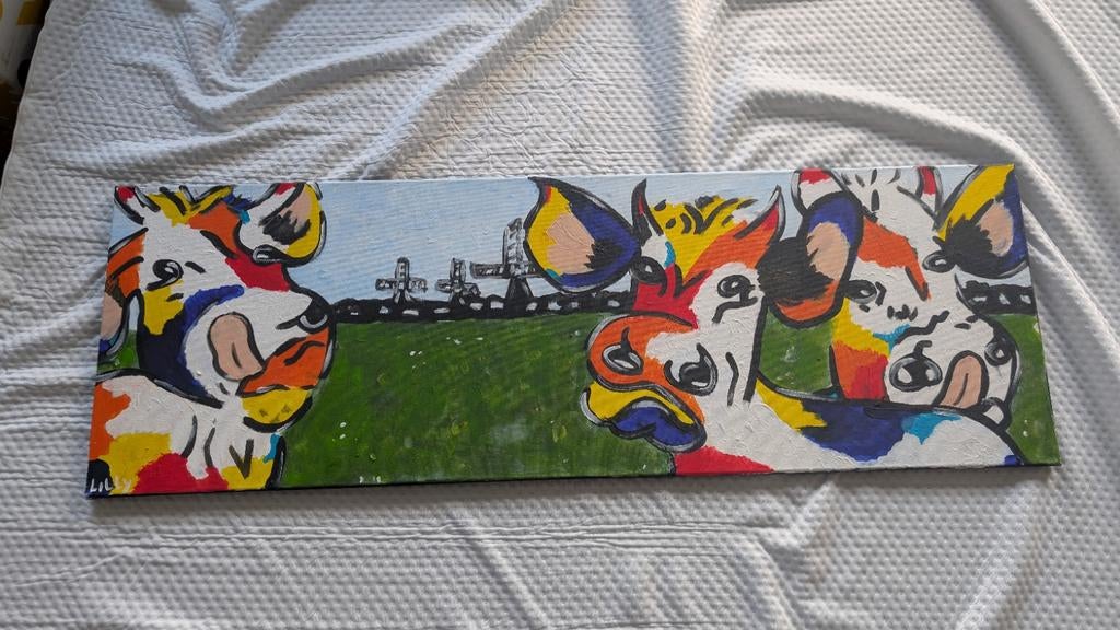 Lilly Schilderij: Abstracte Koeien Olieverf (40x120 cm), Ophalen of Verzenden