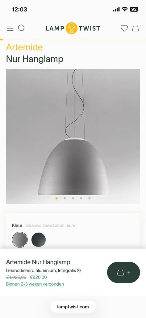 Artemide Nur hanglamp, antraciet grijs, 55 cm, Ophalen, Gebruikt, Metaal, Minder dan 50 cm