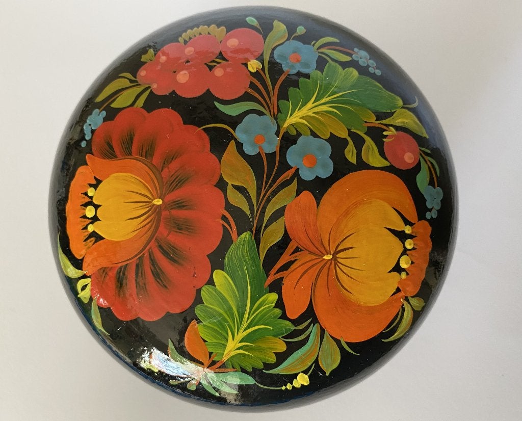 Russische lakdoos, bloemen, papier-maché, handbeschilderd, Antiek en Kunst, Kunst | Niet-Westerse kunst, Ophalen of Verzenden