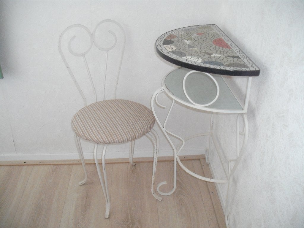 Vintage 1958 kaptafelset smeedijzer stoel + kaptafel mozaiek, Ophalen, Gebruikt, Metaal of Aluminium, 100 tot 150 cm