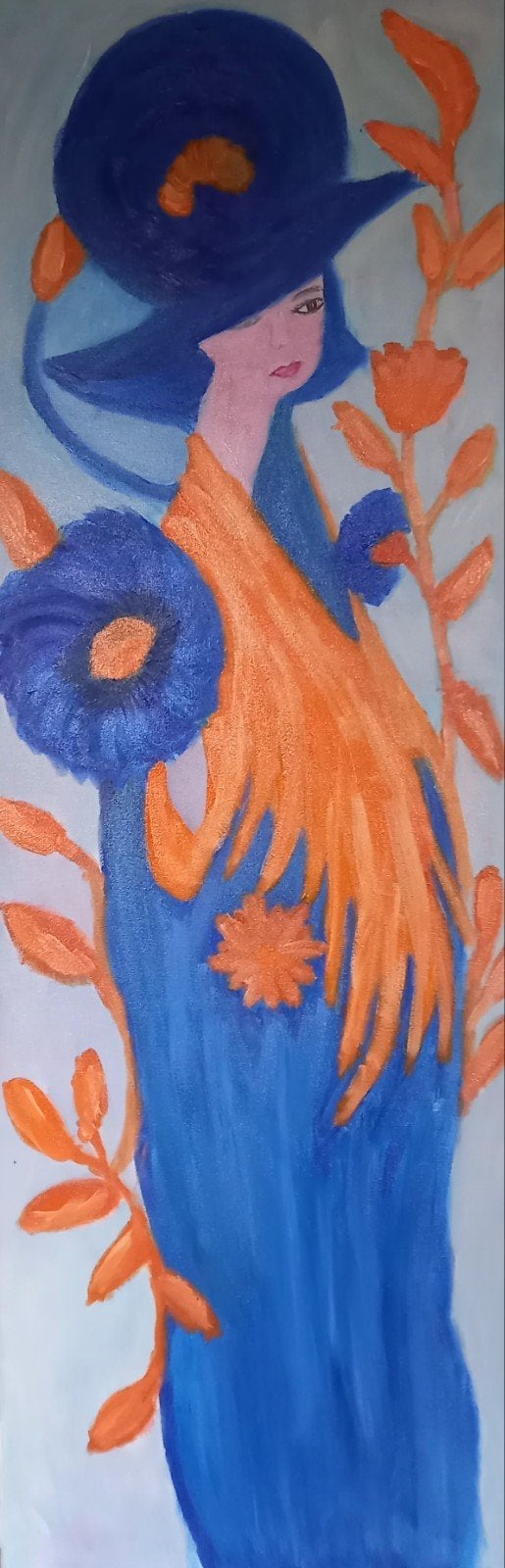 Schilderij met Vrouw en Bloemen in Blauw en Oranje, Antiek en Kunst, Figuren, Handgeschilderd, Ophalen of Verzenden, Olieverf