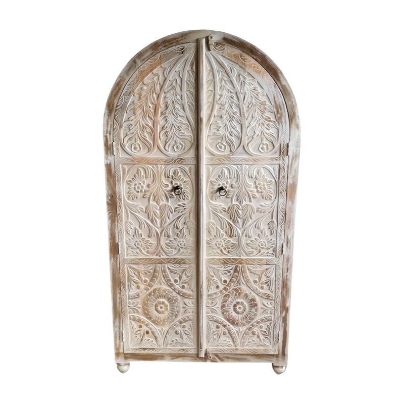 Prachtige Handgesneden Boho Kast – Hout met Waslaag, Ophalen, Met plank(en), 100 tot 150 cm, Diversen