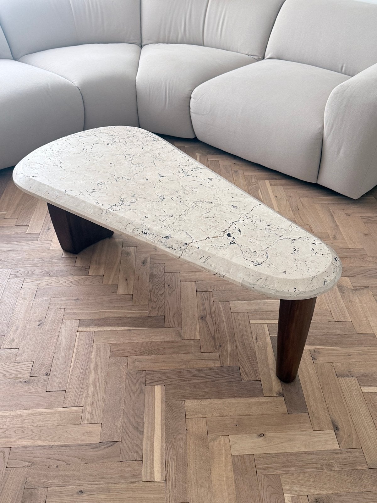 Salon tafel van natuursteen en hout, Ophalen, Overige materialen, Gebruikt, 100 tot 150 cm