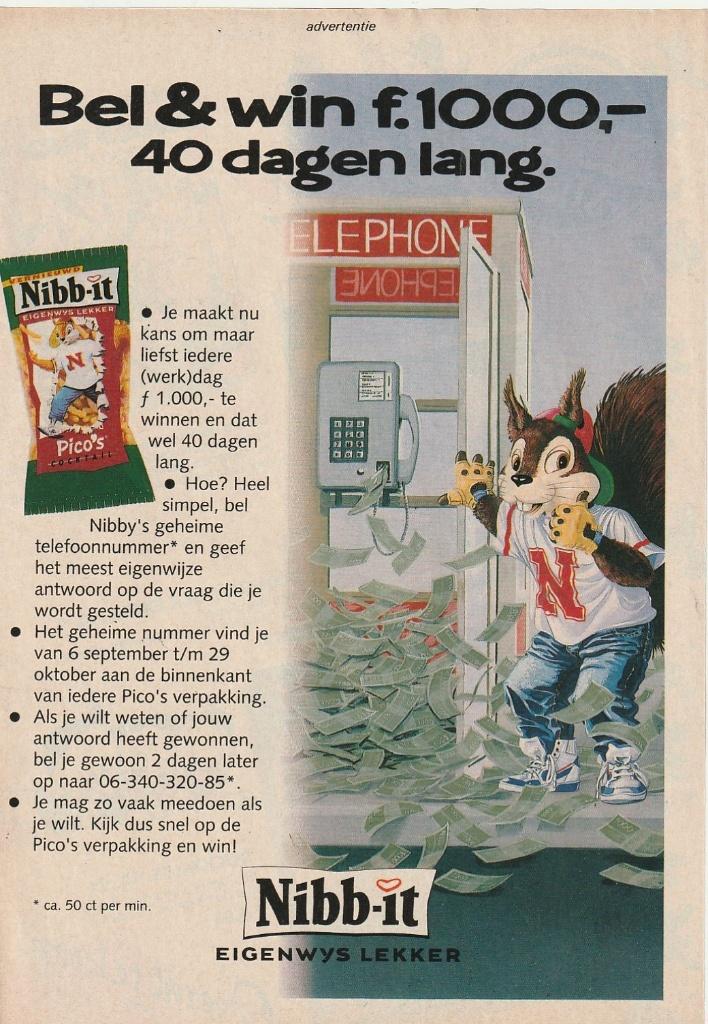 Retro reclame 1992 Nibb-it chips in de telefooncel, Verzenden, Overige typen