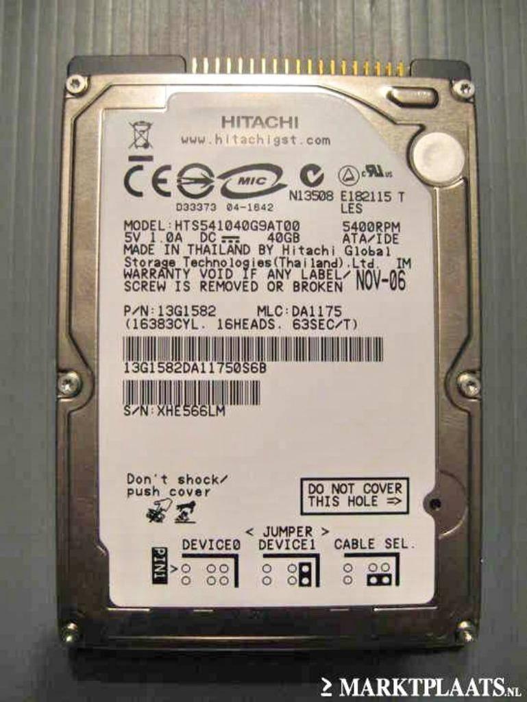 ZGAN Hitachi 40GB 2,5" IDE 5400rpm laptop harddisk, Intern, HDD, Ophalen of Verzenden, Zo goed als nieuw