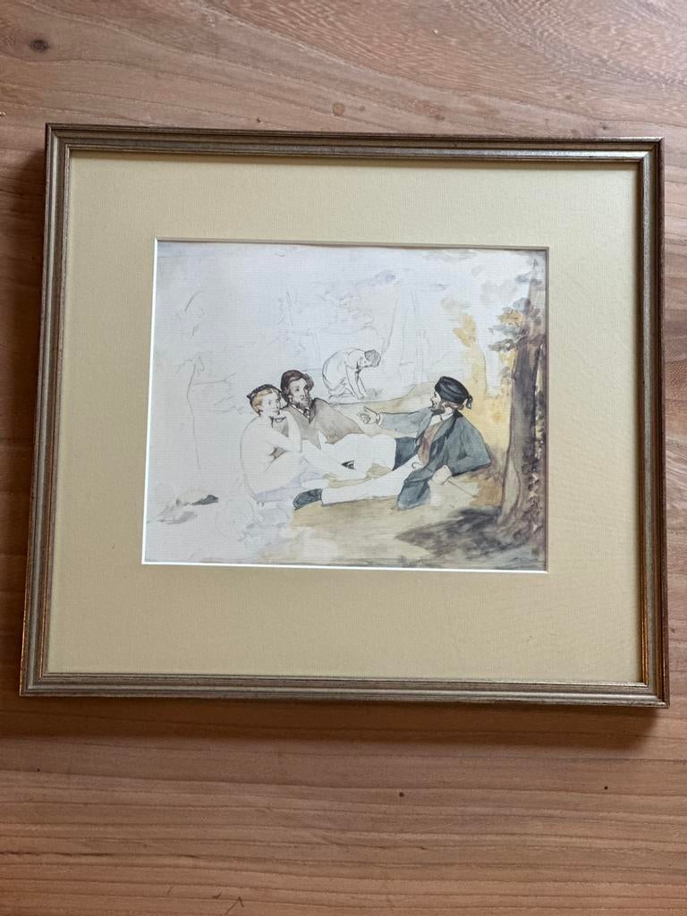 prachtige schets in lijst gebaseerd :le déjeuner sur l’Herbe, Ophalen of Verzenden