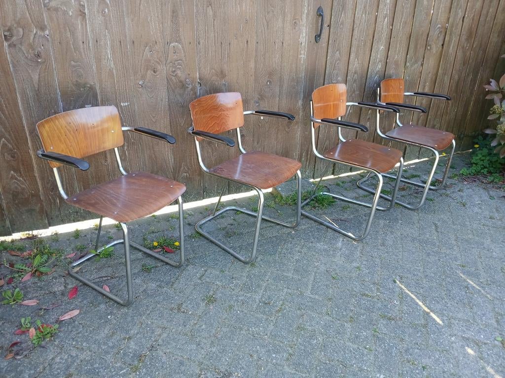 Vintage buisframe stoelen met armleuningen - Set van 4, Ophalen of Verzenden