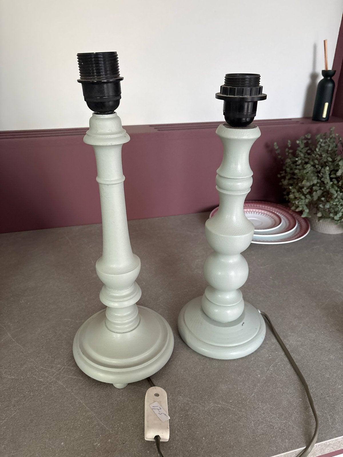 Set van 2 vintage tafellampen, lichtgroen, Gebruikt, Hout, Vintage, Groen