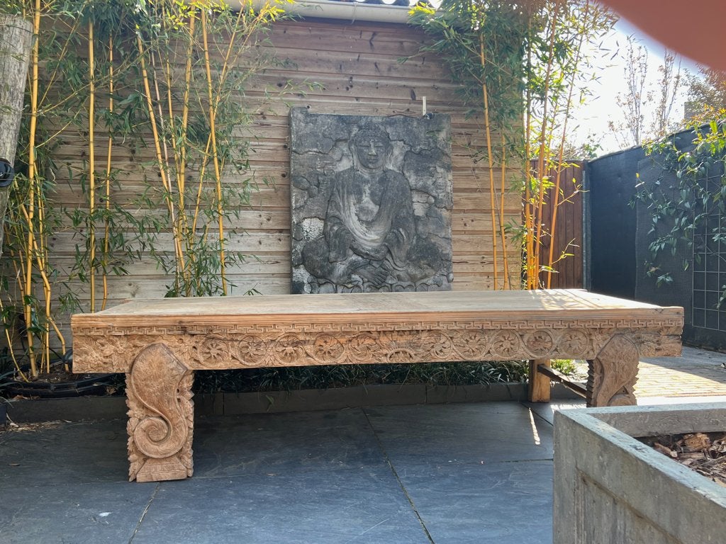 Indonesische tuinbank bank houtsnijwerk xxl 255 cm Ibiza, Verburgt Vintage, Nieuw, Ophalen of Verzenden, https://verburgtvintage.nl/#contact