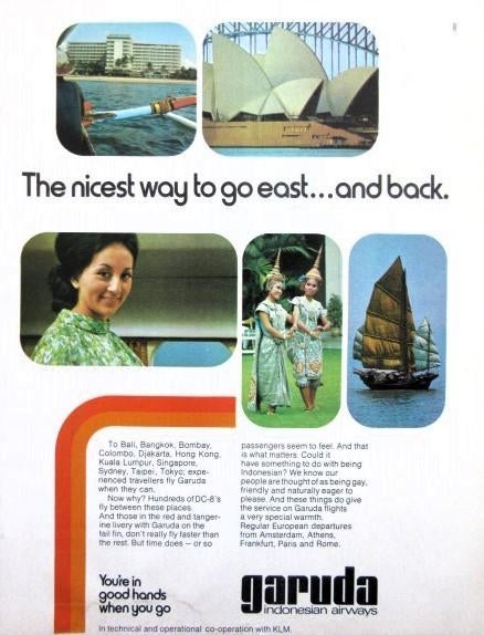 3 vintage reclames Garuda vliegmaatschappij 71-3 Indonesia, Verzamelen, Ophalen of Verzenden, Gebruikt, Kaart, Foto of Prent