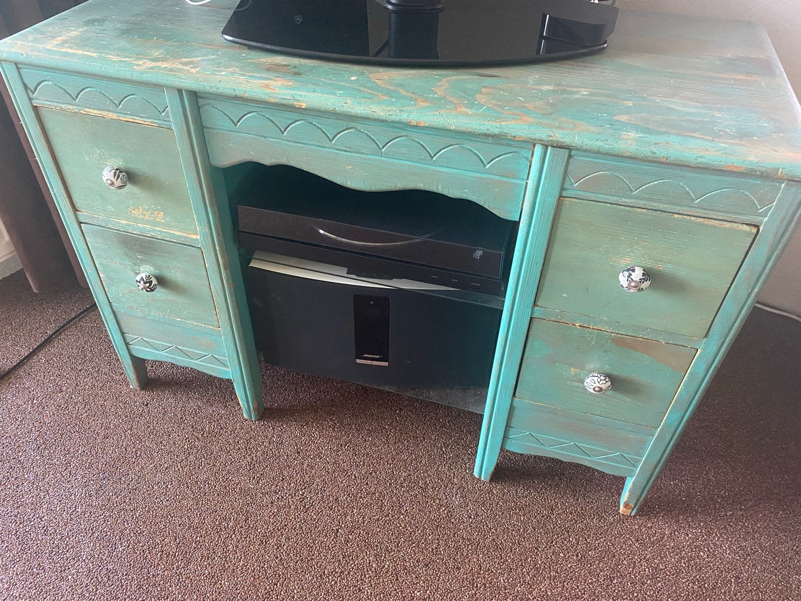 Shabby Chic TV-meubel/bureau met glas en 4 lades, Ophalen, Gebruikt, 100 tot 150 cm, Glas