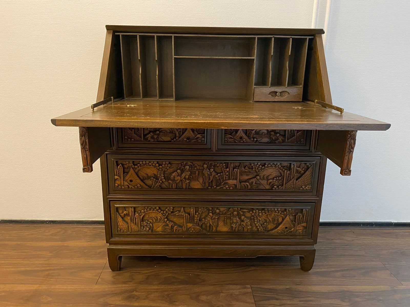 Vintage Chinese secretaire houtsnijwerk kast massief hout, Ophalen of Verzenden, Zo goed als nieuw, Aziatisch