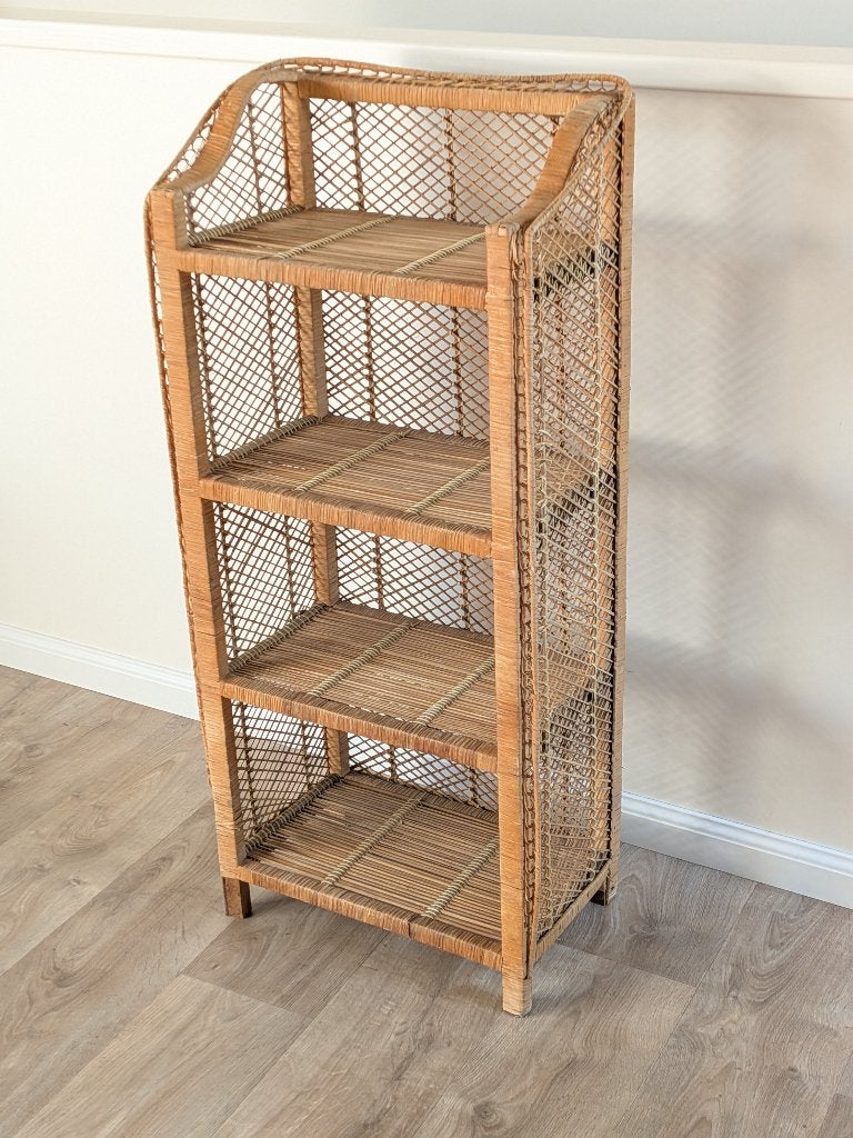 Retro rotan boogkastje / Bohemian rieten étagère, Ophalen, Gebruikt