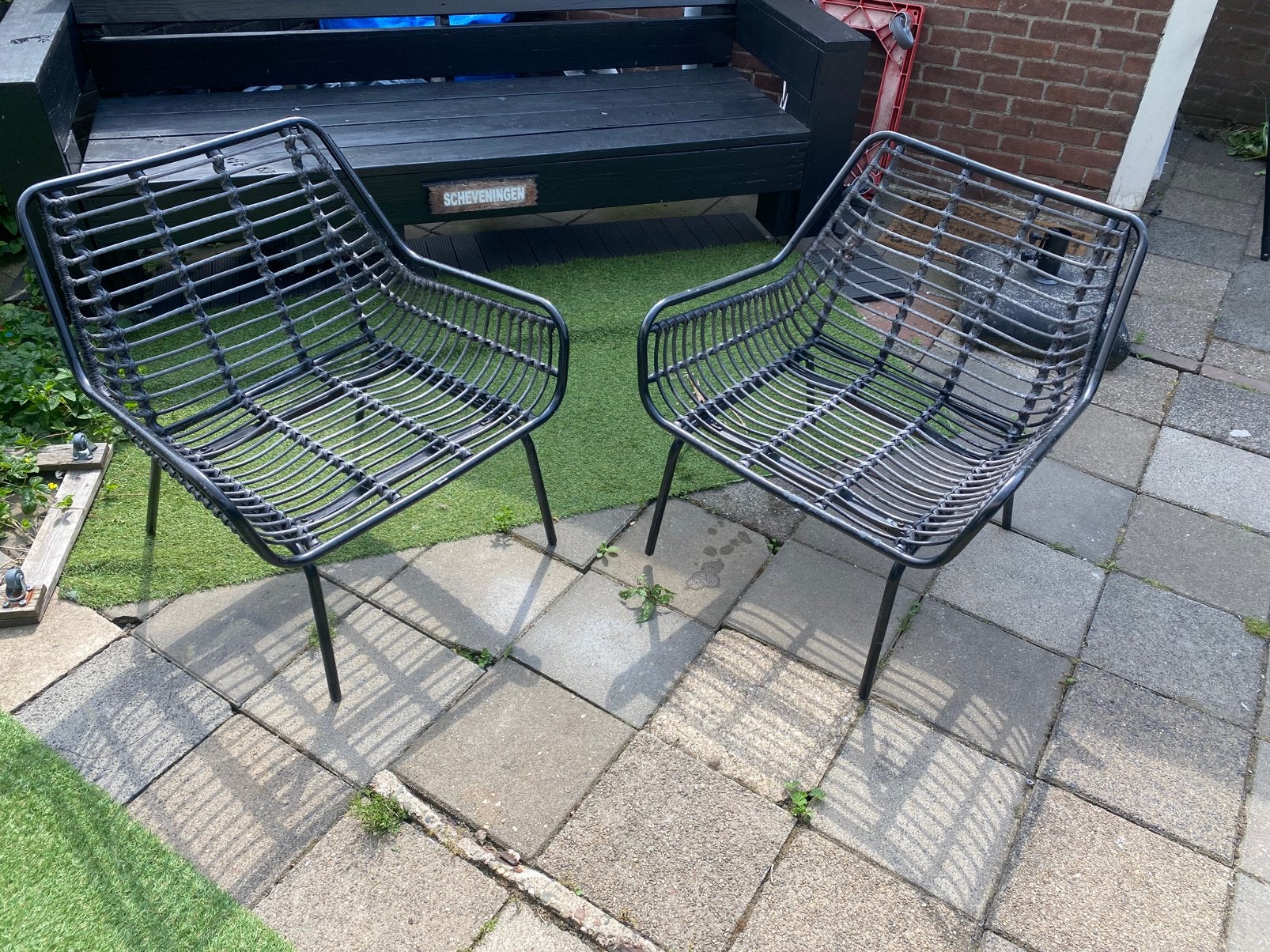 Tuinstoelen metaal met riet zwart groot stevig 2 stuks, Ophalen of Verzenden, Zo goed als nieuw, Overige materialen, 2 zitplaatsen