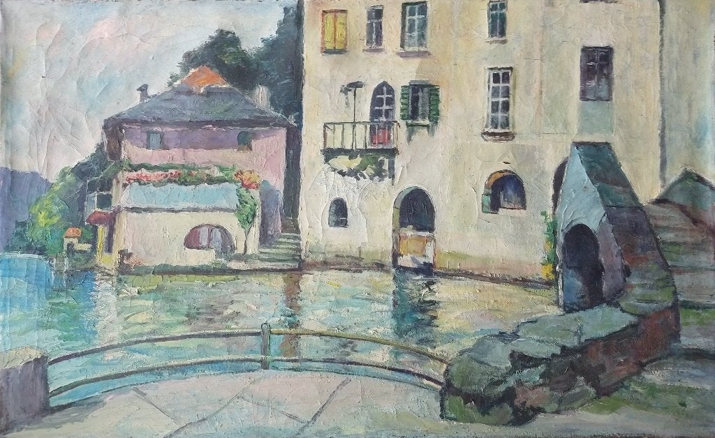 Olieverfschilderij stadsgezicht aan het water, Ophalen of Verzenden